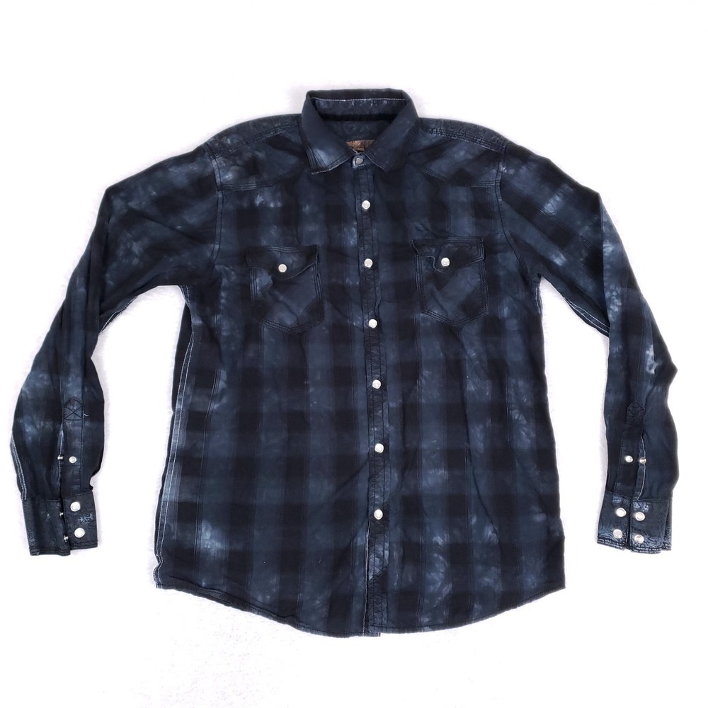 Blue‎ Western Plaid Pearl Snap Shirt Size S Black Grunge Rodeowear Tie Dye